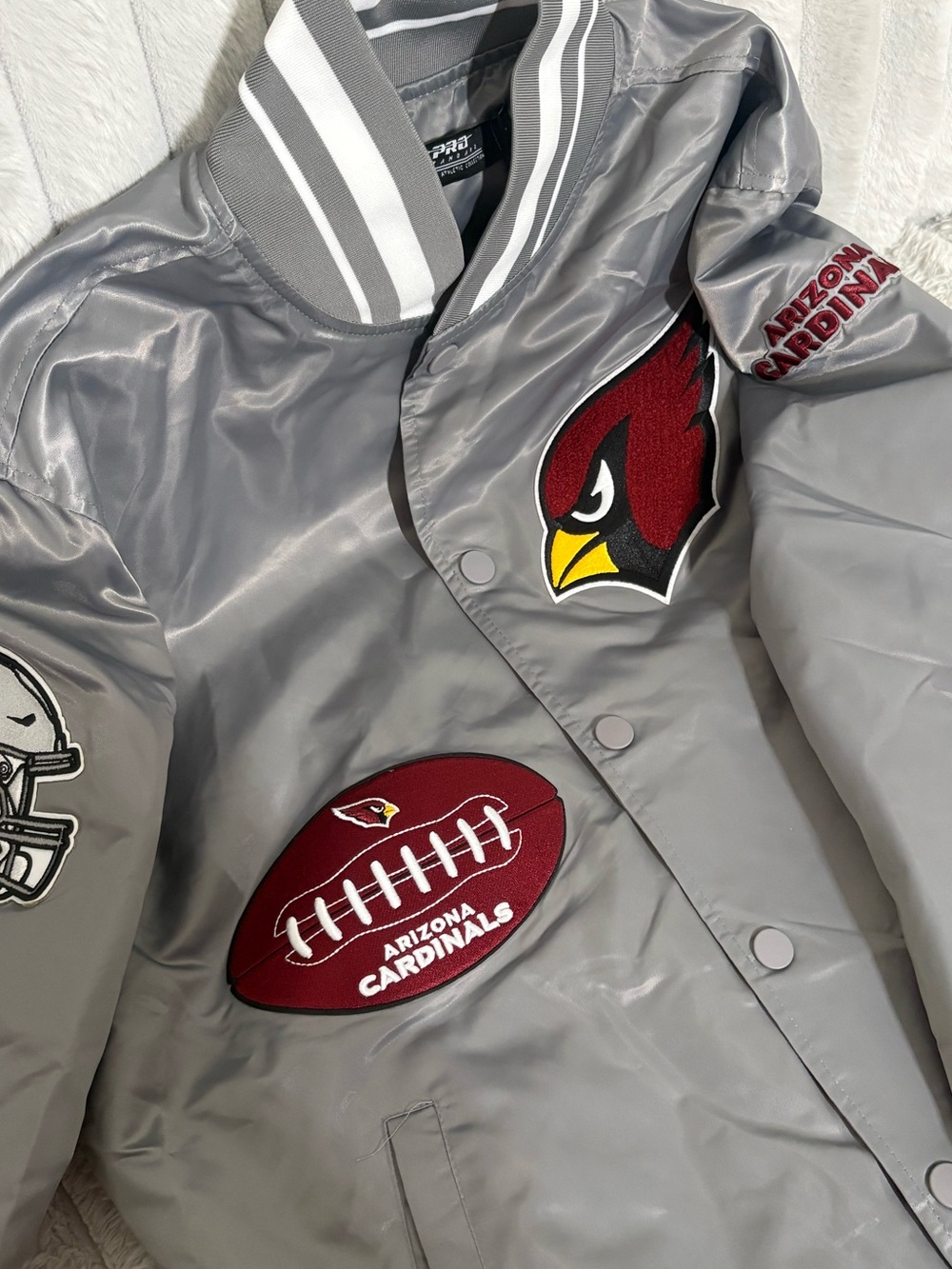 Men’s Arizona Cardinals Gray Satin Bomber Jacket with Team Patches